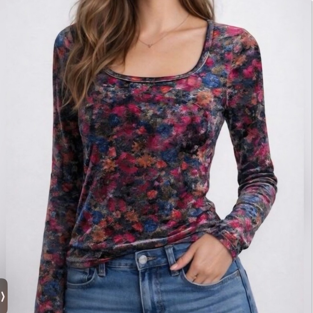 Natural Life Danielle Velvet Square Neck Top Floral Boho XL Dark Feminine Blouse